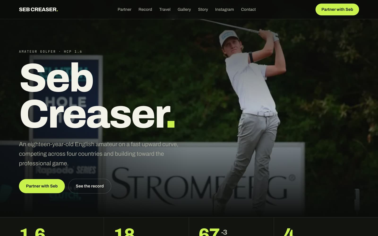The top of sebcreaser.com, showing Seb mid swing behind his name and handicap